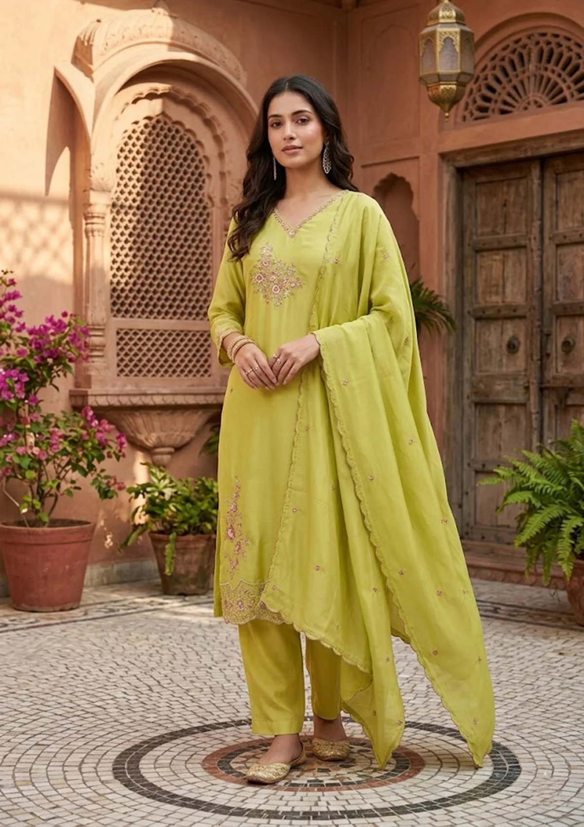 Leaf Green Semi Crepe Threadwork Straight Kurta With Pant Regular And Dupatta